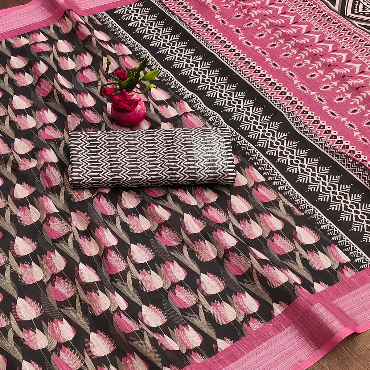 Black & Pink Printed Linen Saree