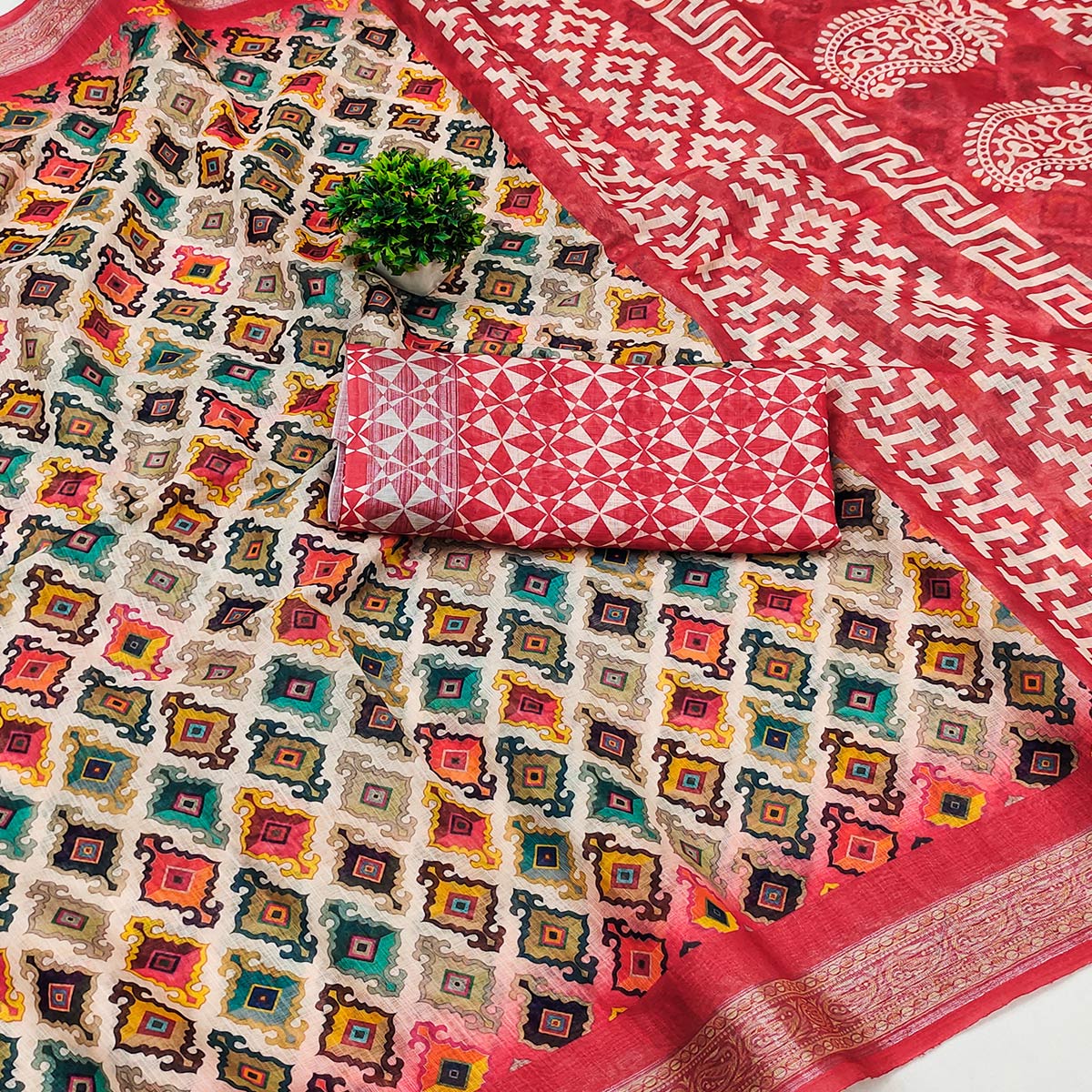 Red Printed Linen Saree