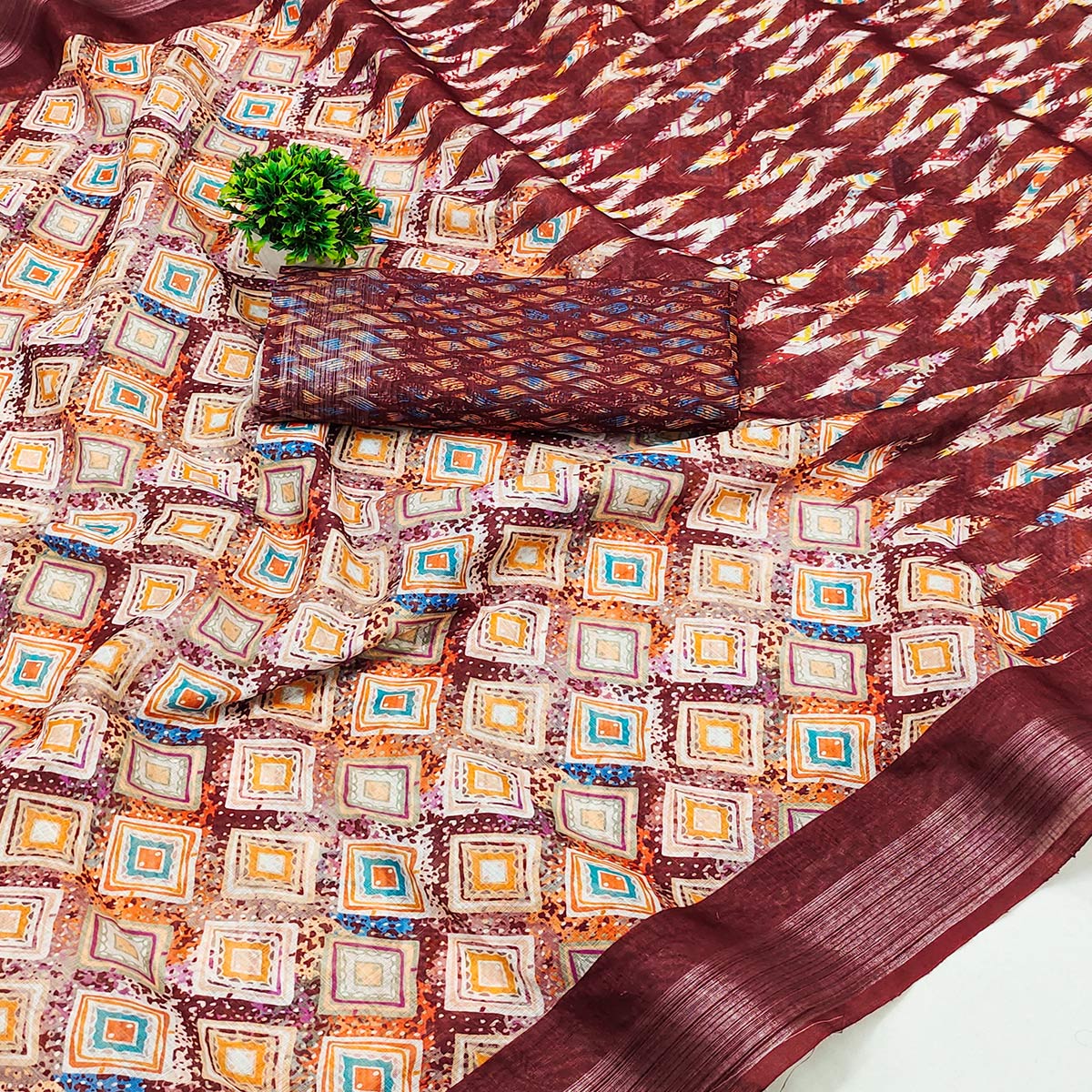 Maroon Printed Linen Saree