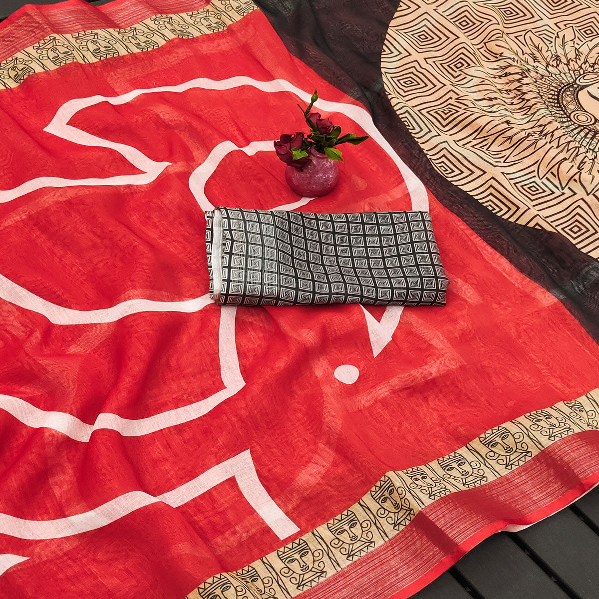 Red Printed Linen Saree