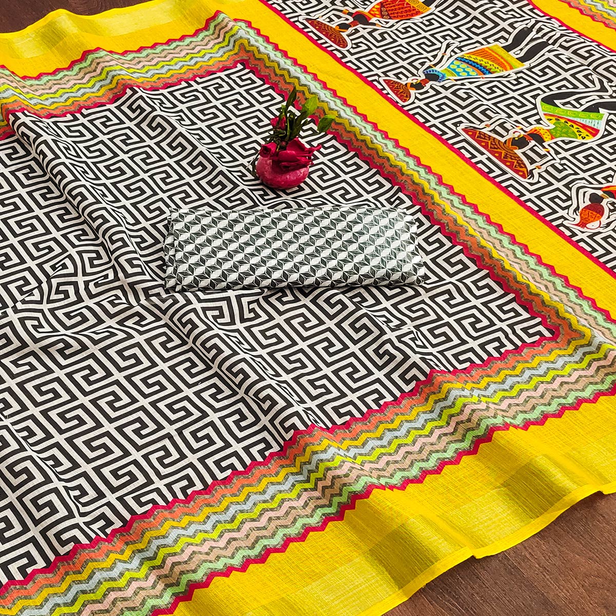 White & Yellow Printed Linen Saree