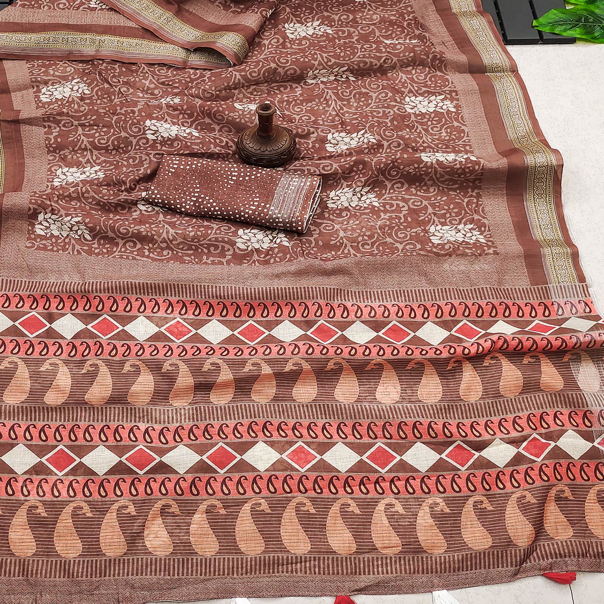 Brown Printed Linen Saree