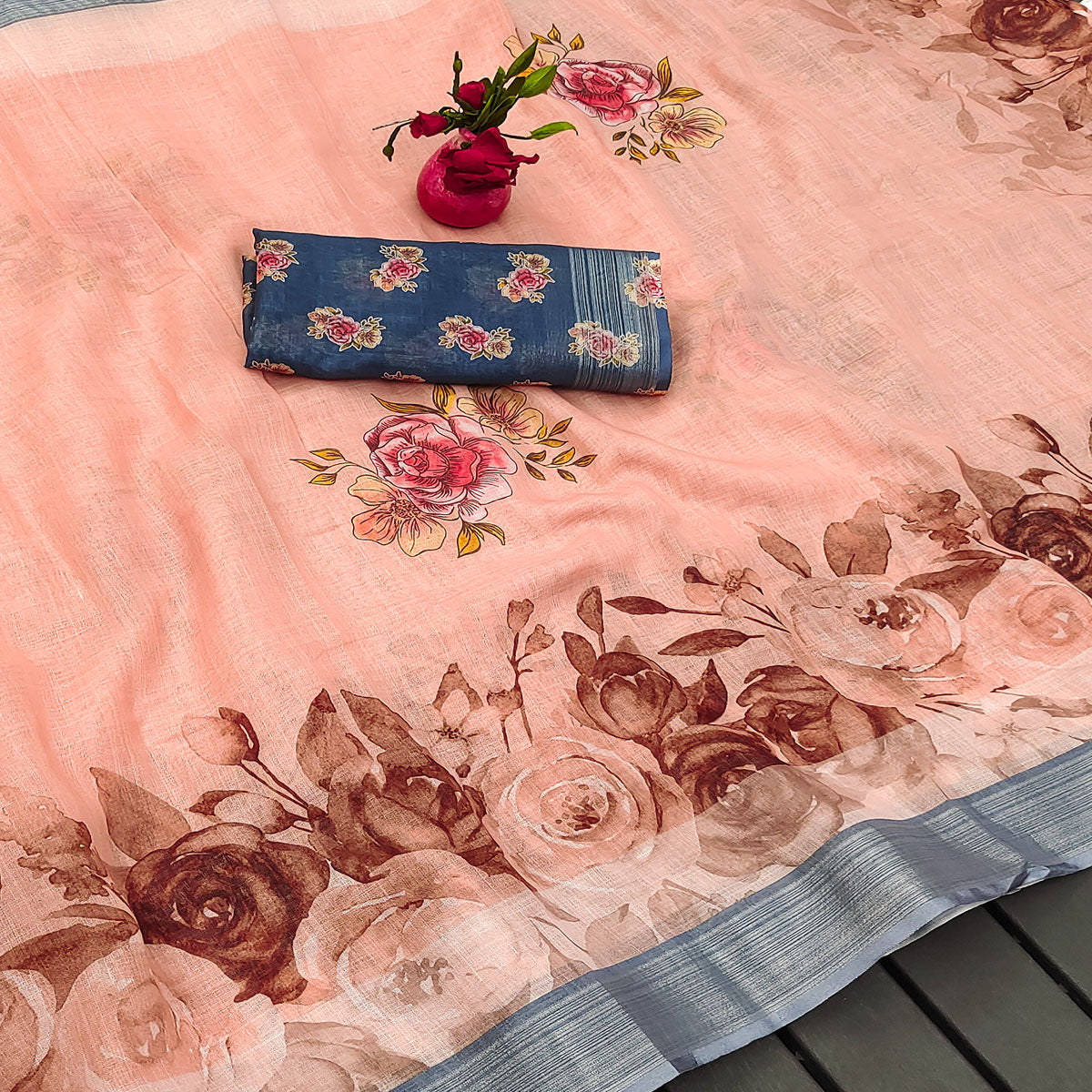 Peach Printed Linen Saree