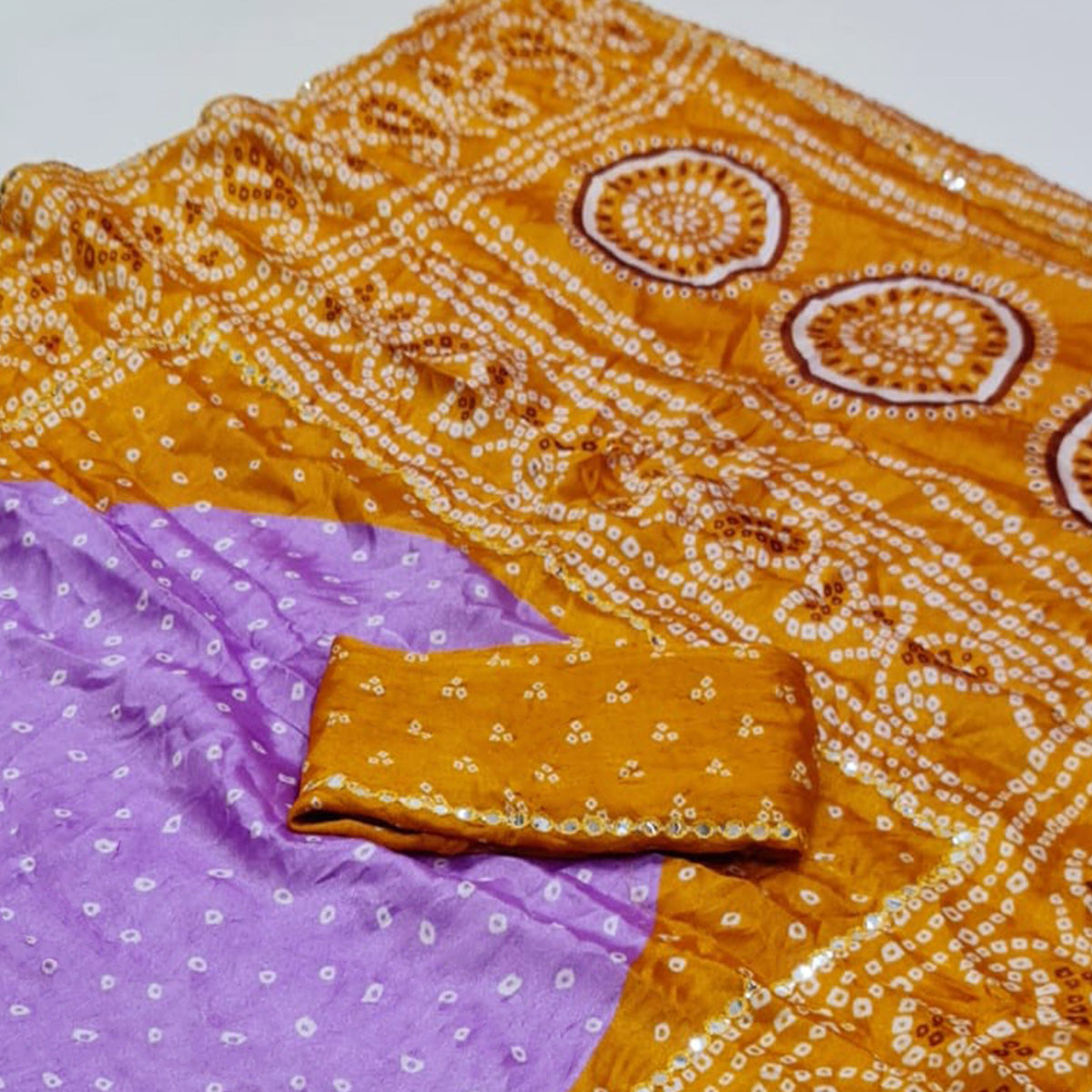 Lavender & Yellow Bandhani Printed Chiffon Saree