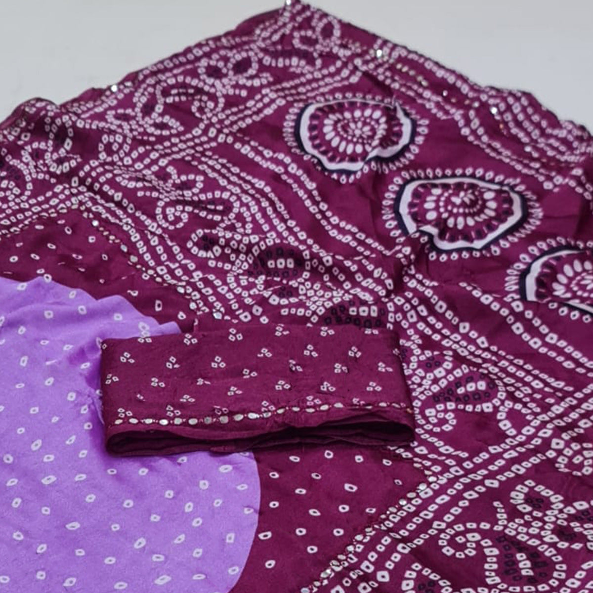 Lavender & Wine Bandhani Printed Chiffon Saree