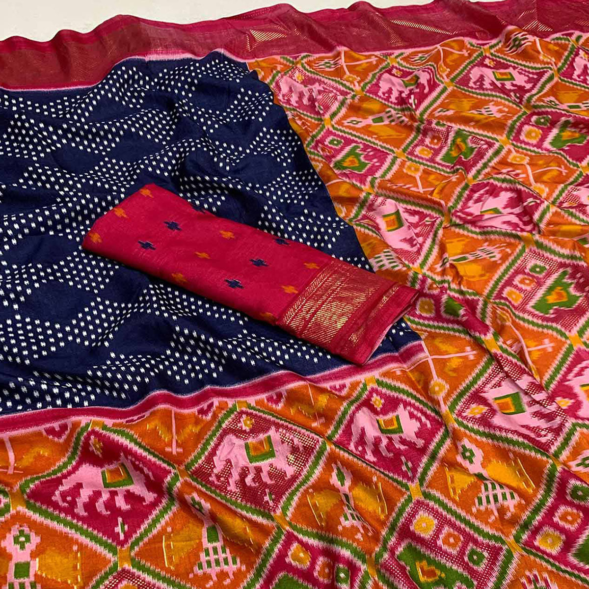 Blue & Pink Patola Printed Dola Silk Saree
