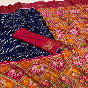 Blue & Pink Patola Printed Dola Silk Saree
