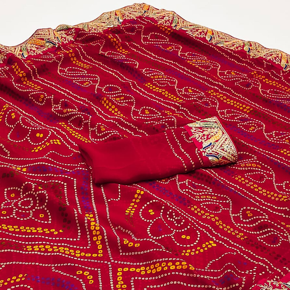 Red Bandhani Printed Georgette Saree