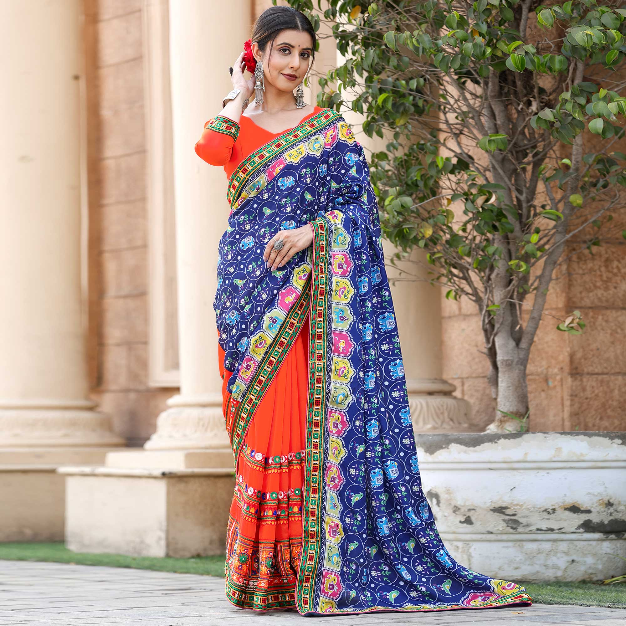 Orange & Blue Patola Print With Embroidered Georgette Half & Half Saree