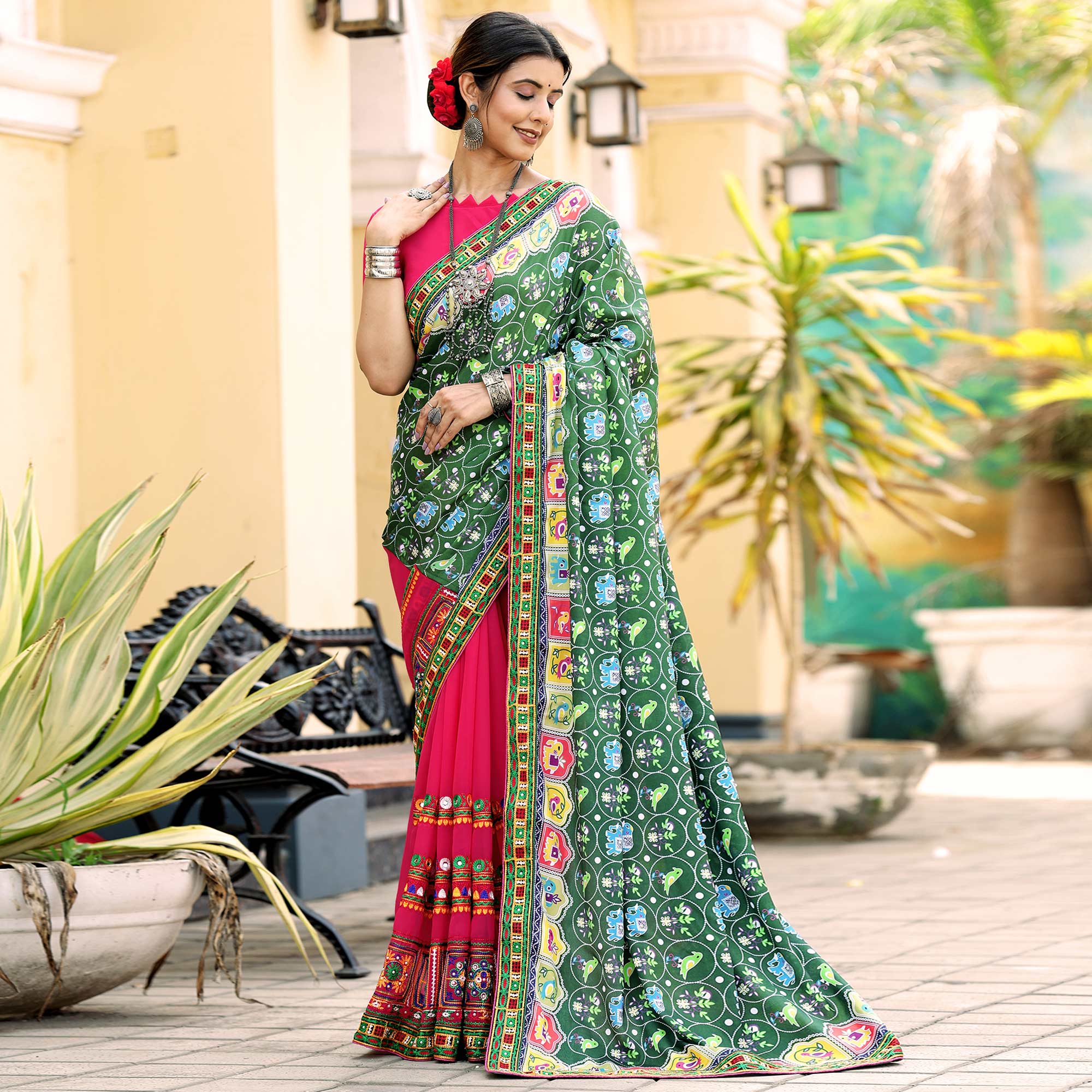 Pink & Green Patola Print With Embroidered Georgette Half & Half Saree