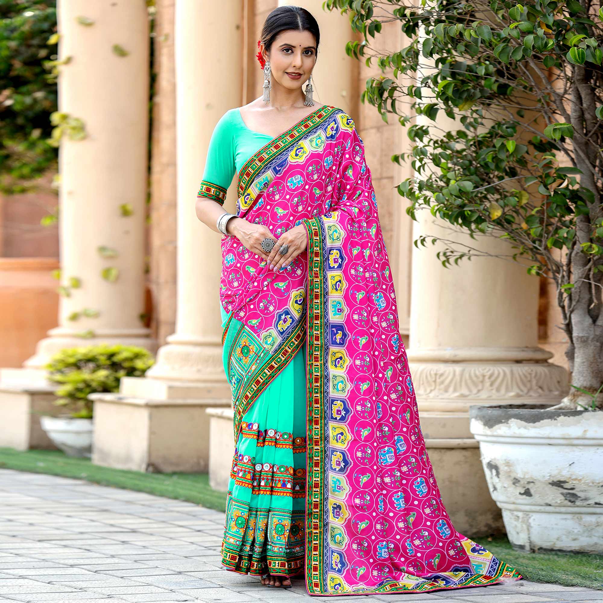 Turquoise & Pink Patola Print With Embroidered Georgette Half & Half Saree