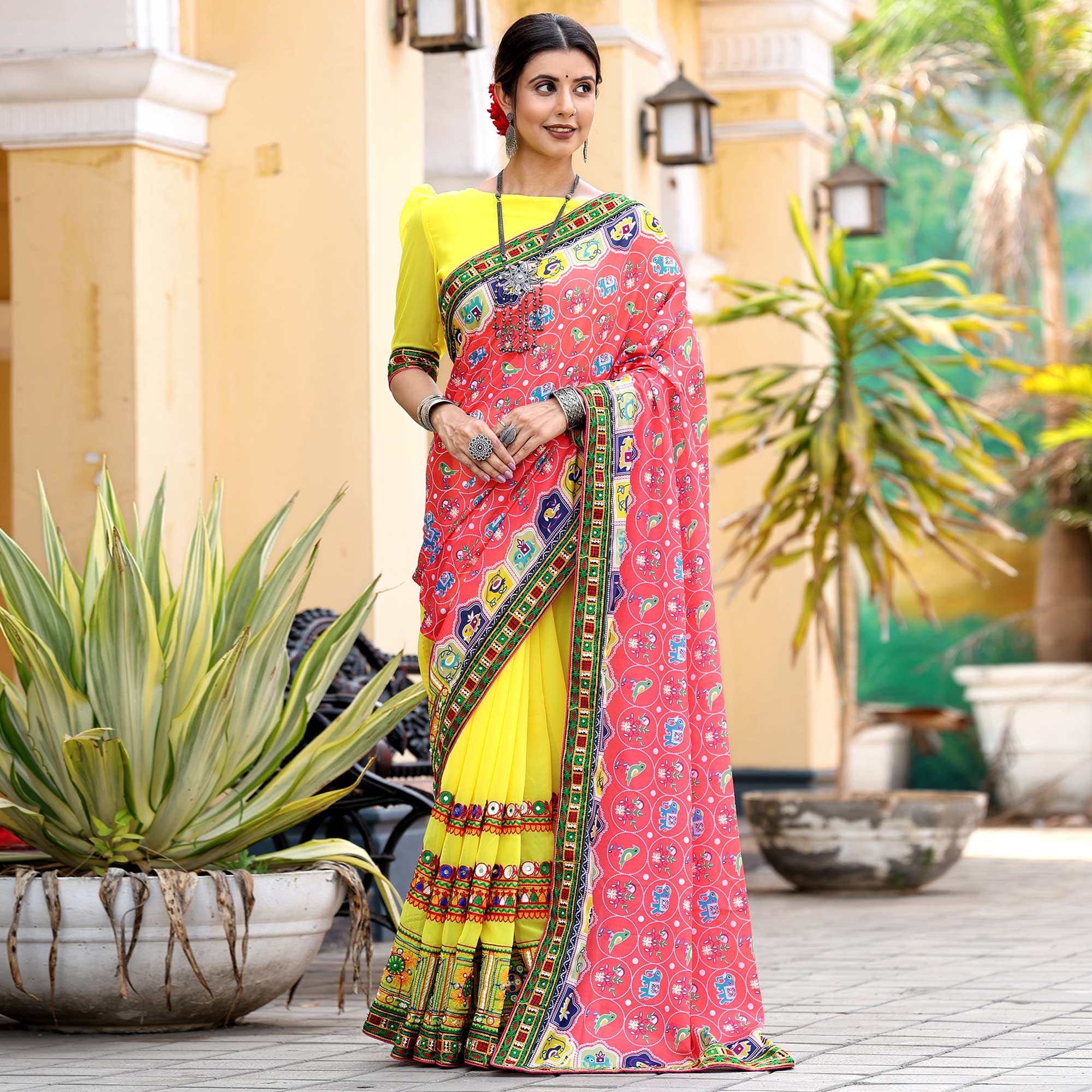 Yellow & Pink Patola Print With Embroidered Georgette Half & Half Saree