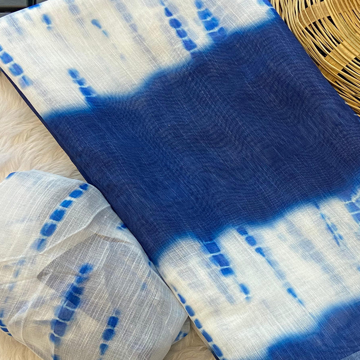 Blue Saburi Printed Linen Saree With Zari Border