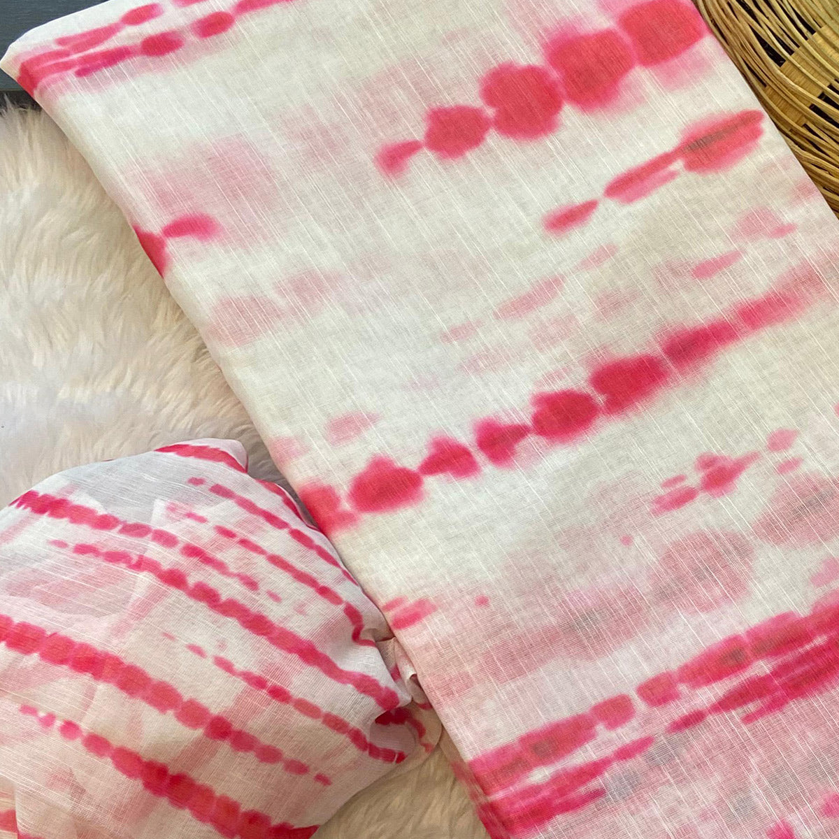 Pink Saburi Printed Linen Saree With Zari Border