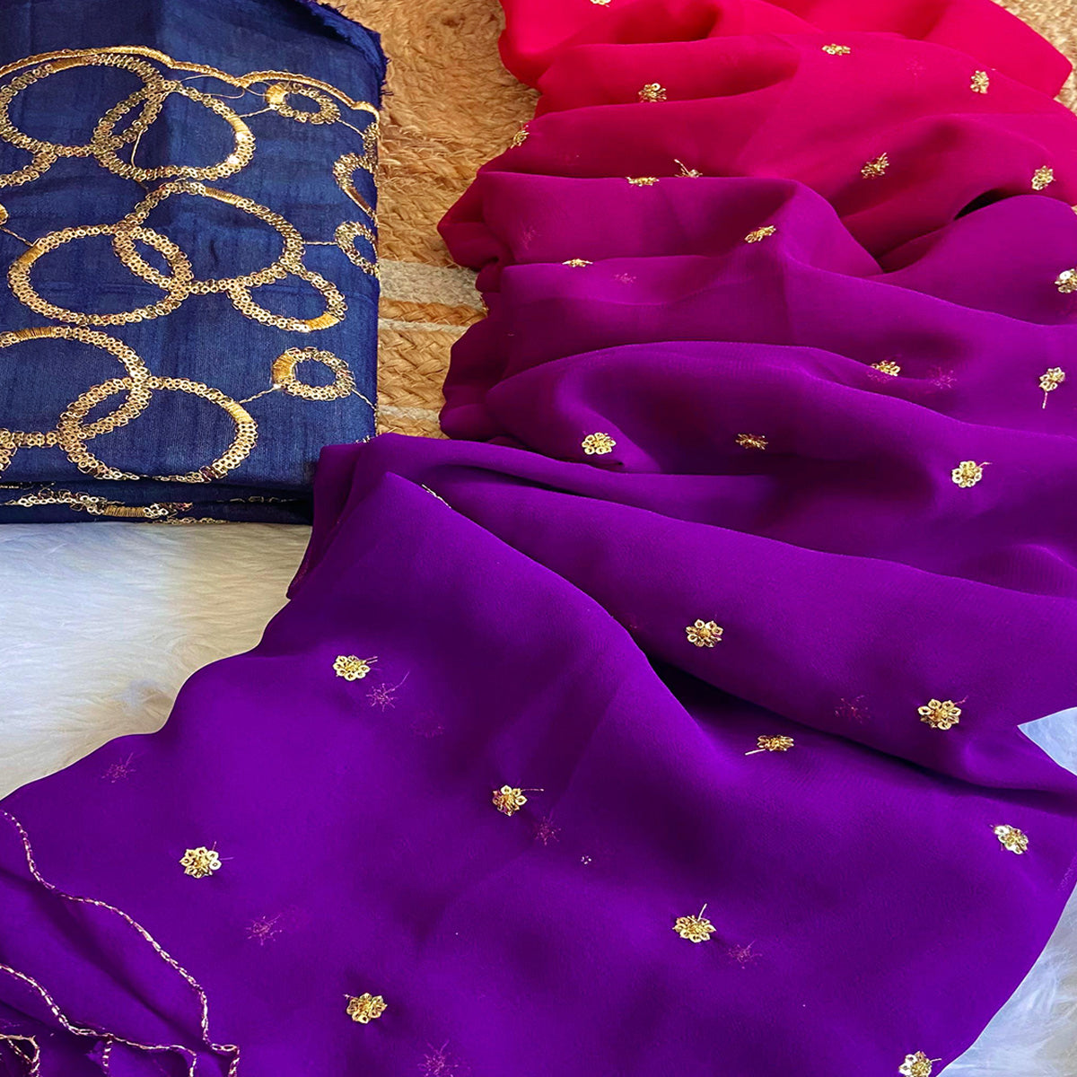 Purple & Pink Sequins Embroidered Georgette Saree