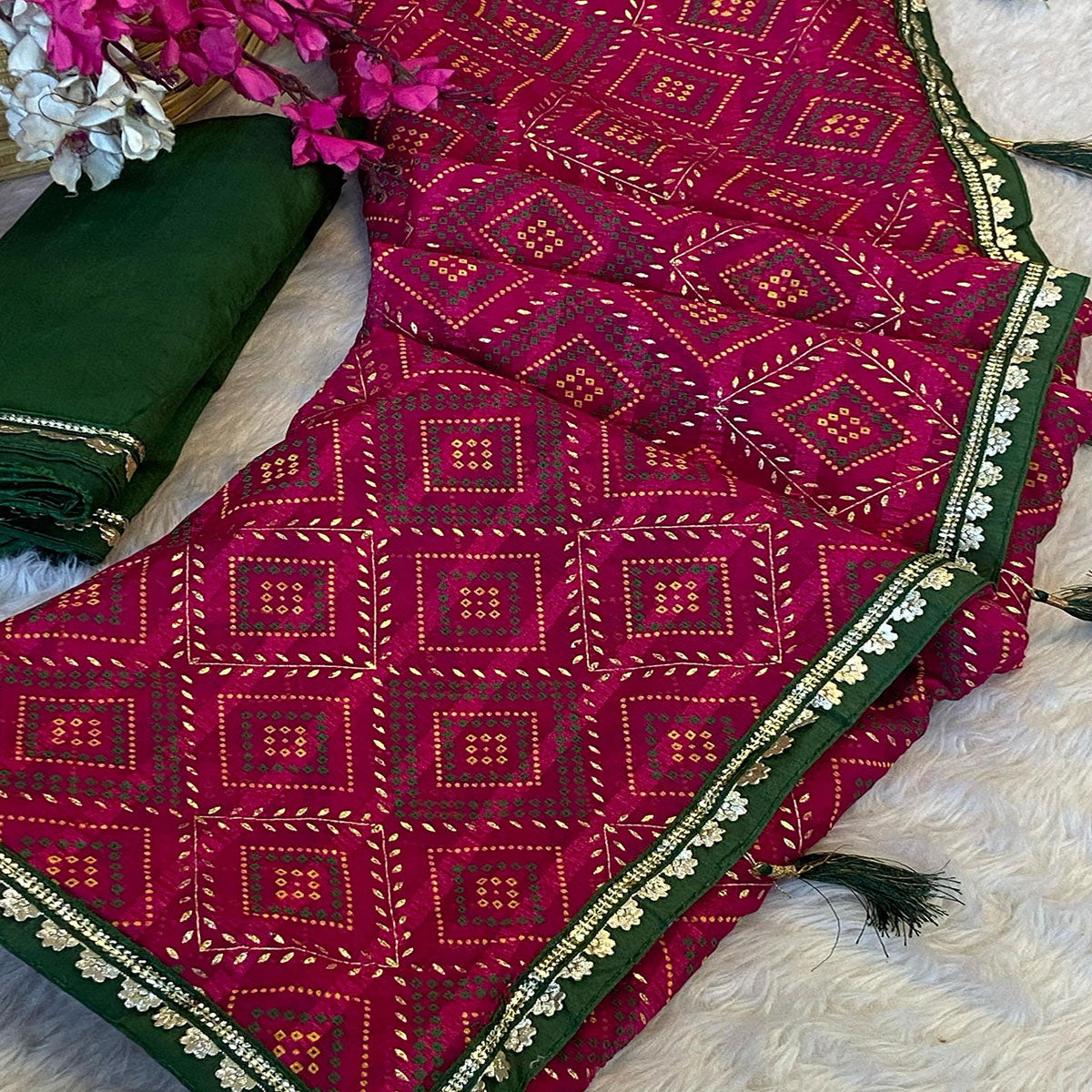 Pink Bandhani Foil Printed Chiffon Saree