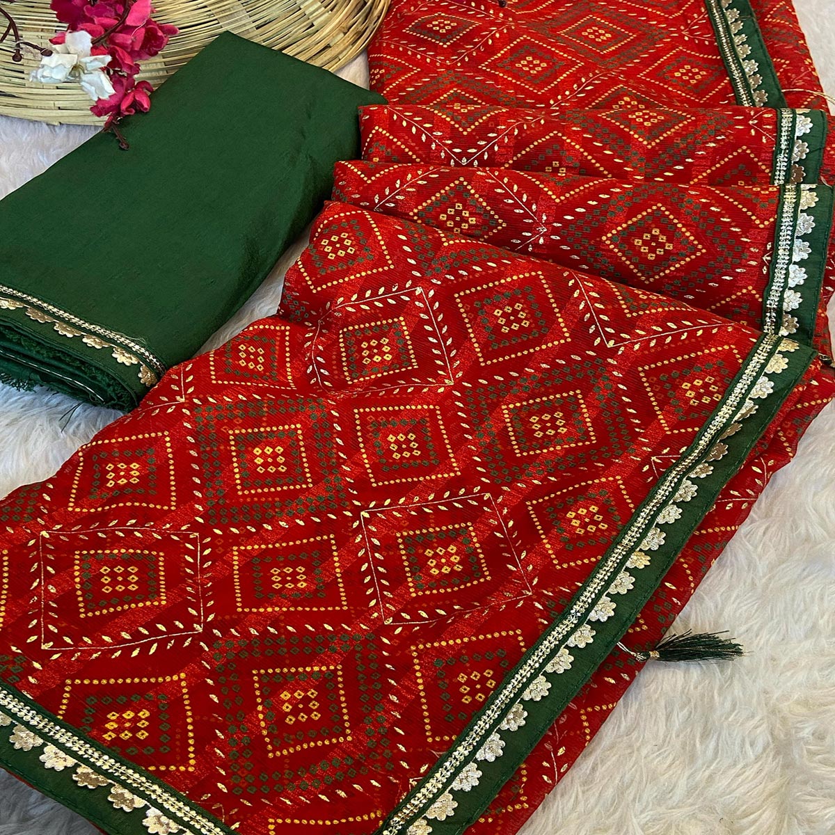 Red Bandhani Foil Printed Chiffon Saree