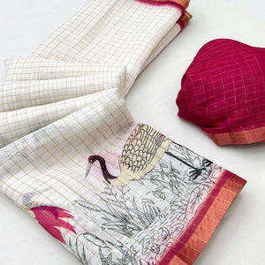 Off White and Pink Checkered Printed Linen Saree with a Breezy Feel
