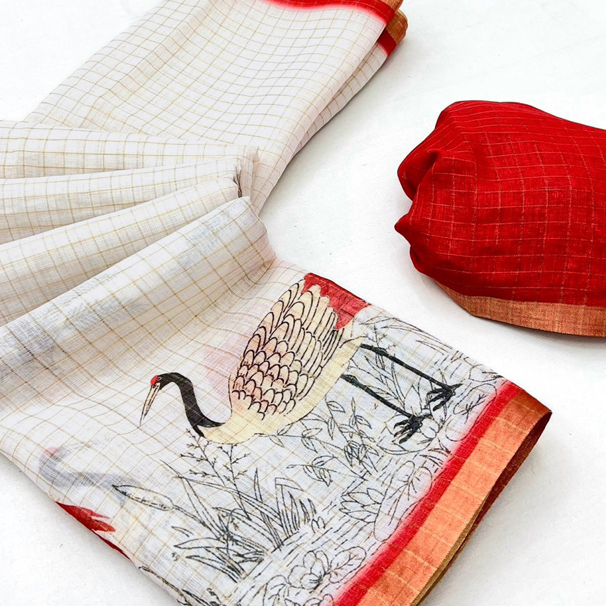 Off White and Red Checkered Printed Linen Saree with a Breezy Feel