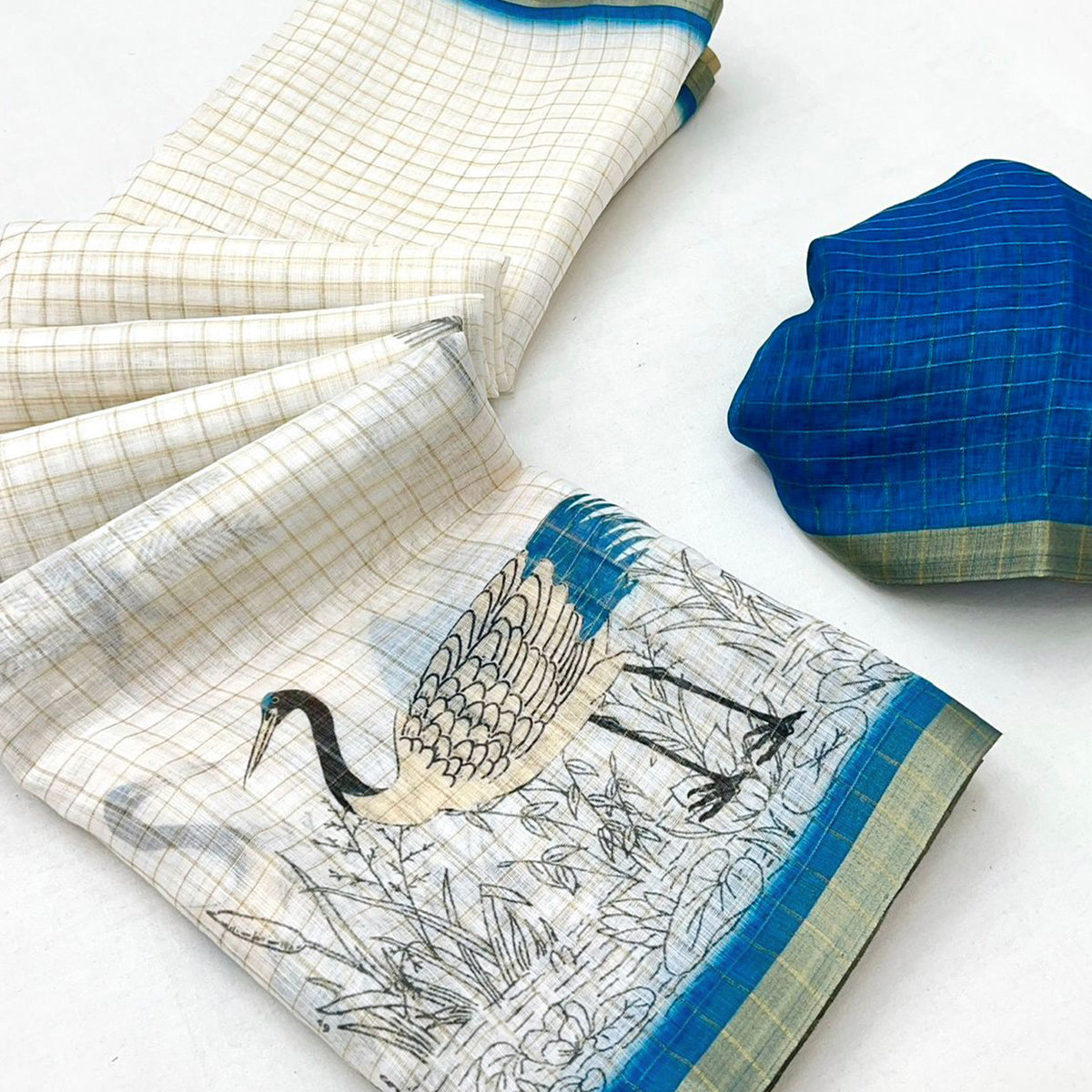 Off White and Blue Checkered Printed Linen Saree with a Breezy Feel