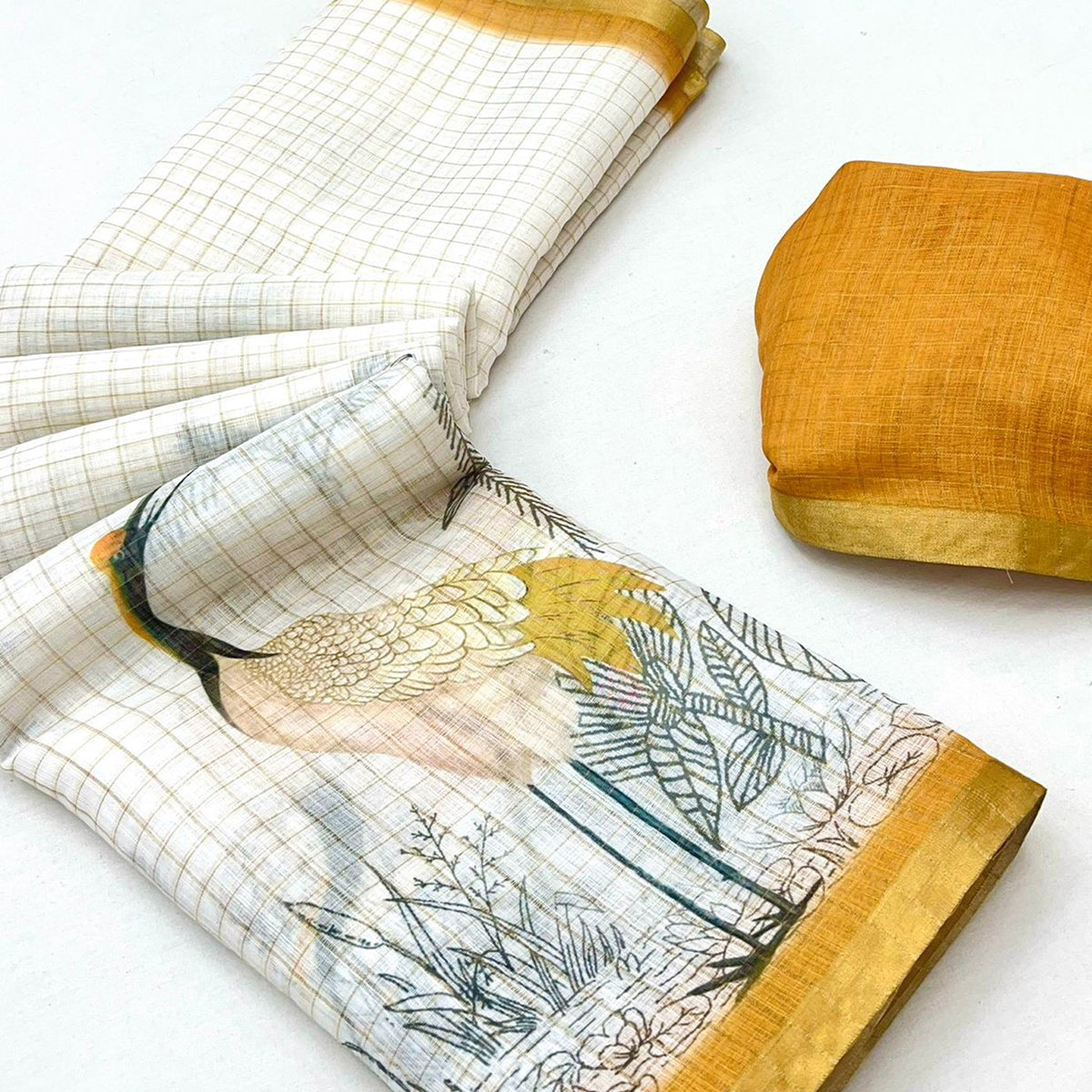 Off White and Mustard Checkered Printed Linen Saree with a Breezy Feel