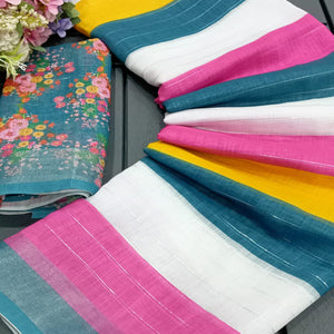 Multicolor Zari Weaving Linen Cotton Saree