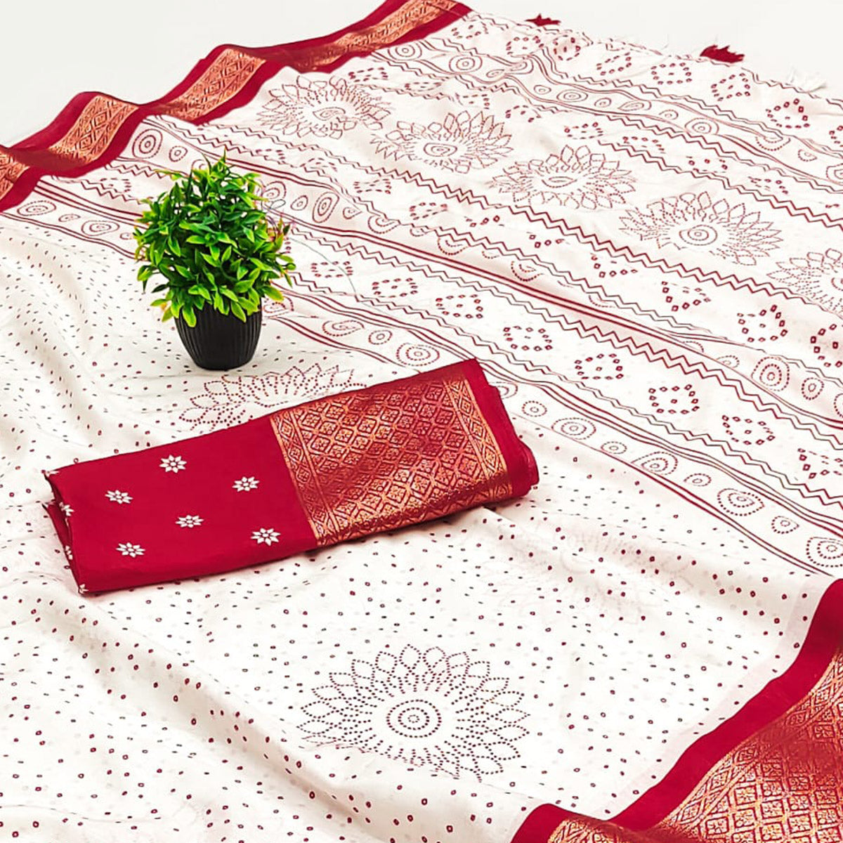 Offwhite & Red Floral Printed Dola Silk Saree With Intricate Woven Border