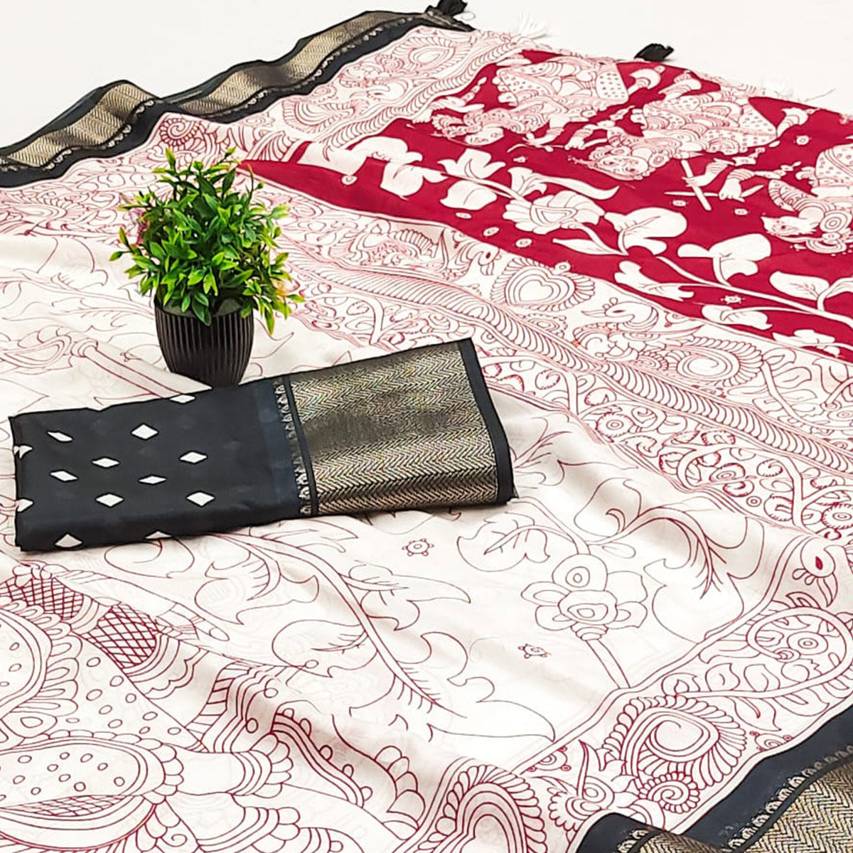 Offwhite & Black Floral Printed Dola Silk Saree With Intricate Woven Border