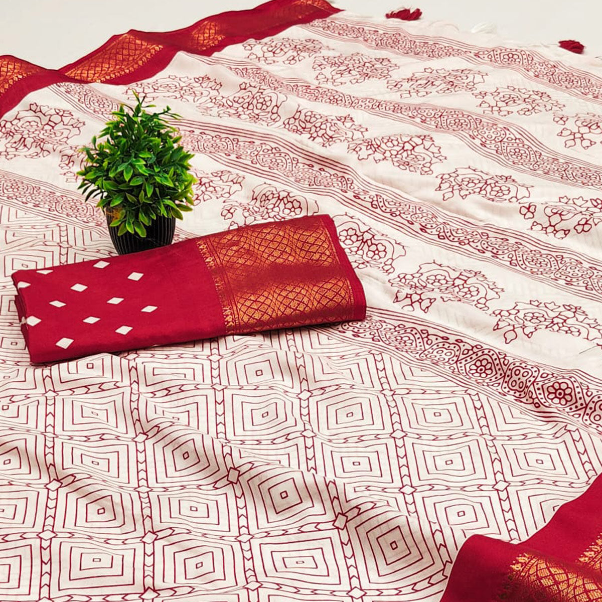 Offwhite & Red Geometric Printed Dola Silk Saree With Intricate Woven Border