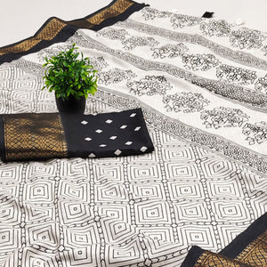 Offwhite & Black Geometric Printed Dola Silk Saree With Intricate Woven Border