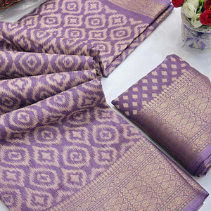 Lavender Ikkat Printed Dola Silk Saree Highlighted With Premium Zari Weaving Border