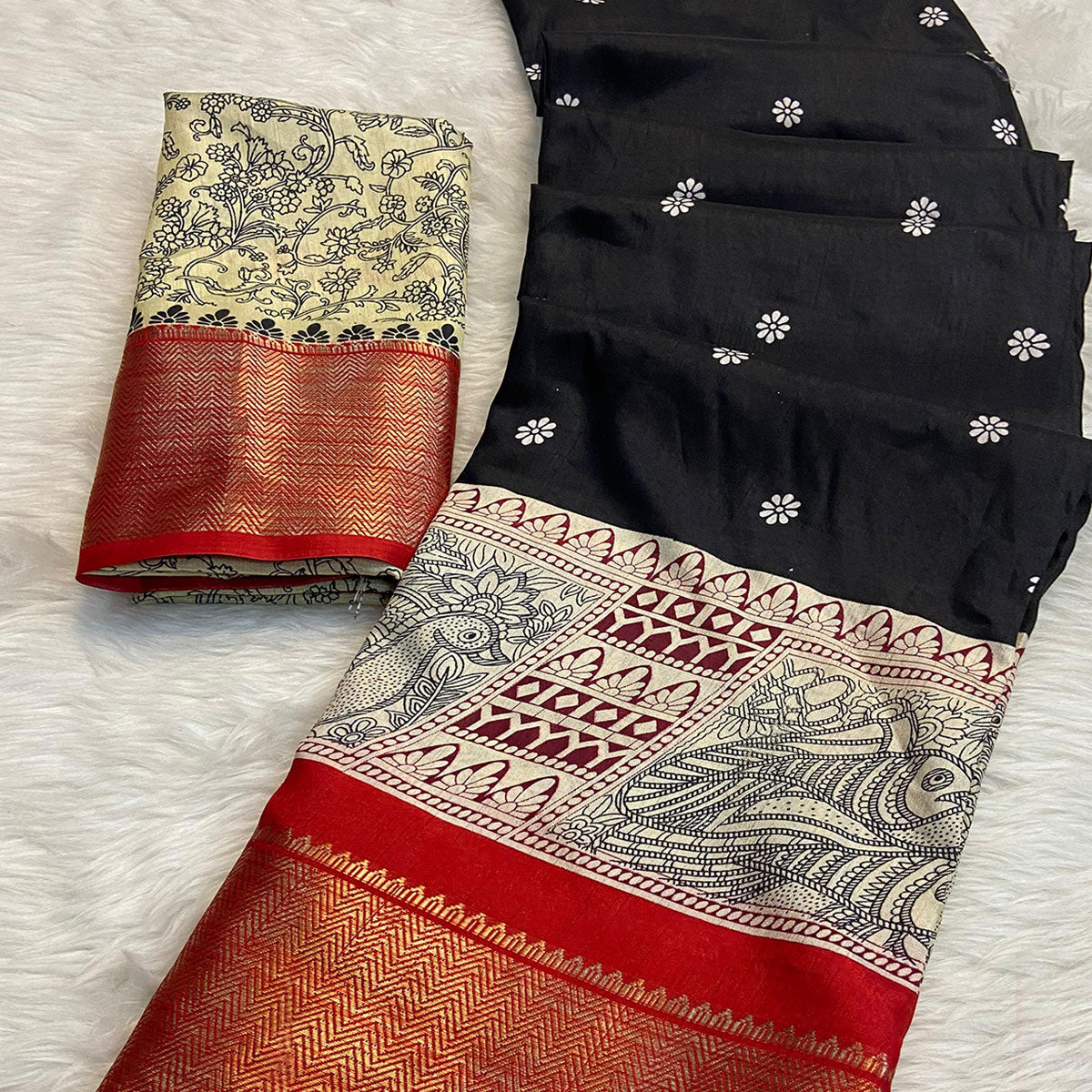 Black Floral Printed Dola Silk Saree With Woven Border