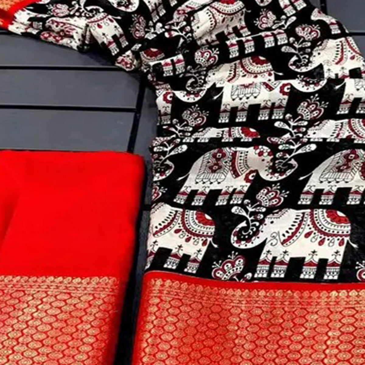 Black & Red Floral Printed Dola Silk Saree With Woven Border