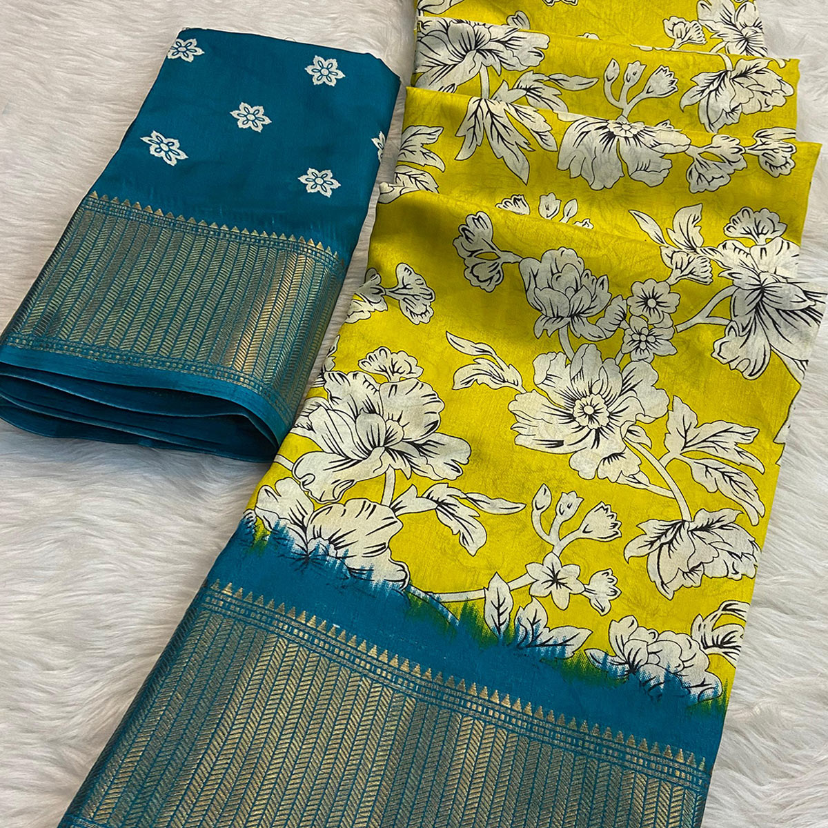 Lemon Yellow & Rama Floral Printed Dola Silk Saree With Woven Border