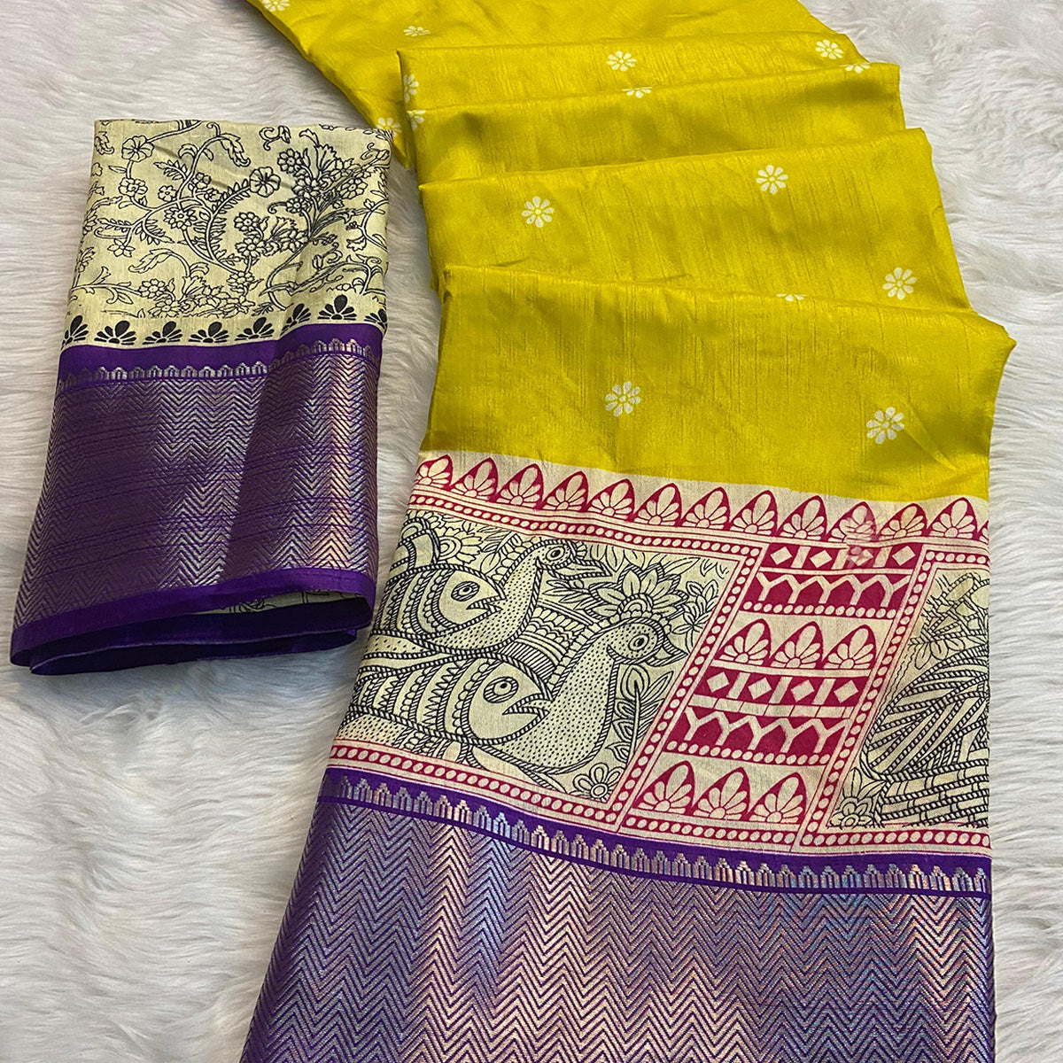 Lemon Yellow & Purple Floral Printed Dola Silk Saree With Woven Border