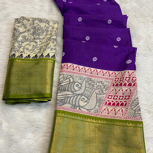 Purple & Green Floral Printed Dola Silk Saree With Woven Border