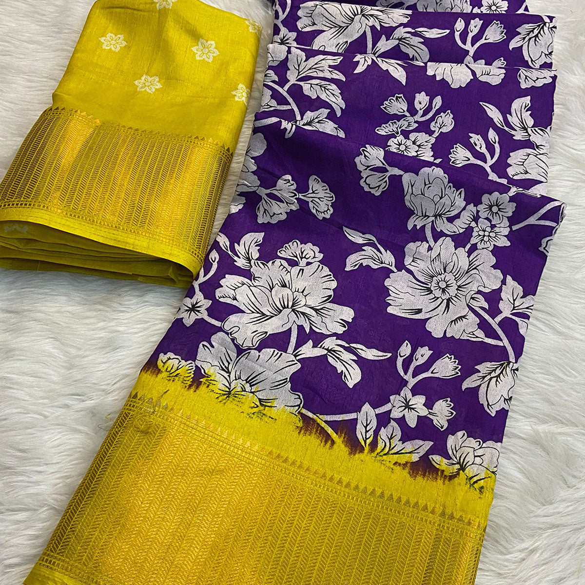 Purple & Yellow Floral Printed Dola Silk Saree With Woven Border