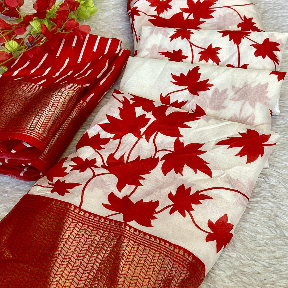 Red Geometric Printed Dola Silk Saree With Woven Border