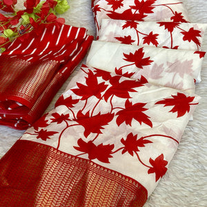 Red Geometric Printed Dola Silk Saree With Woven Border