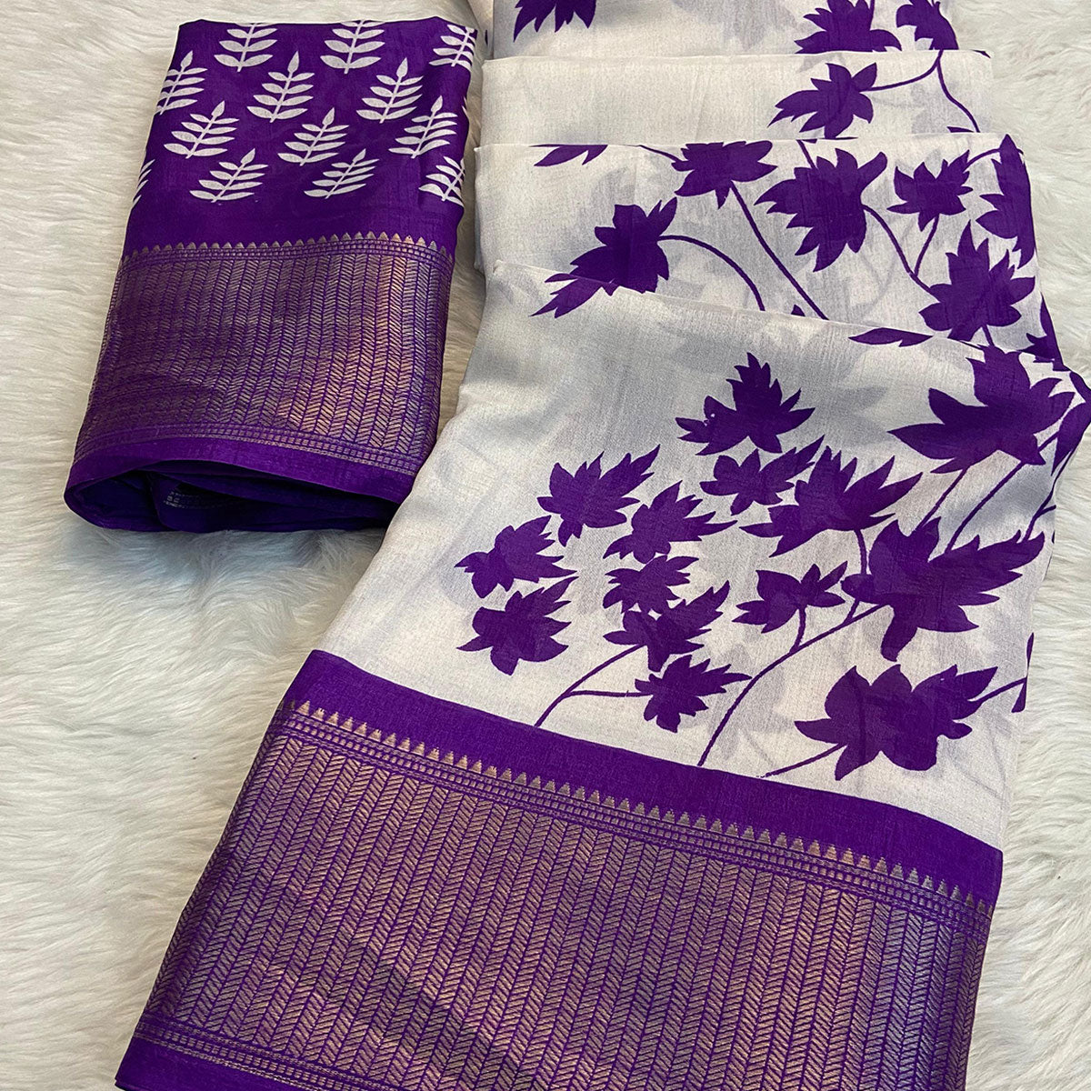 White & Purple Floral Printed Dola Silk Saree With Woven Border