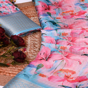 Pink & Blue Floral Printed Dola Silk Saree With Elegant Silver Zari & Intricate Weaving Border