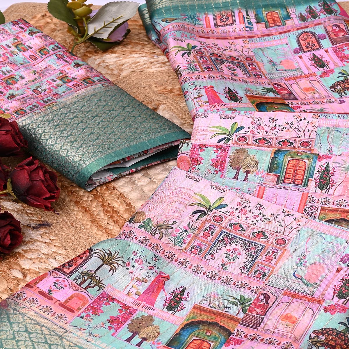 Pink & Green Printed Dola Silk Saree With Elegant Silver Zari & Intricate Weaving Border