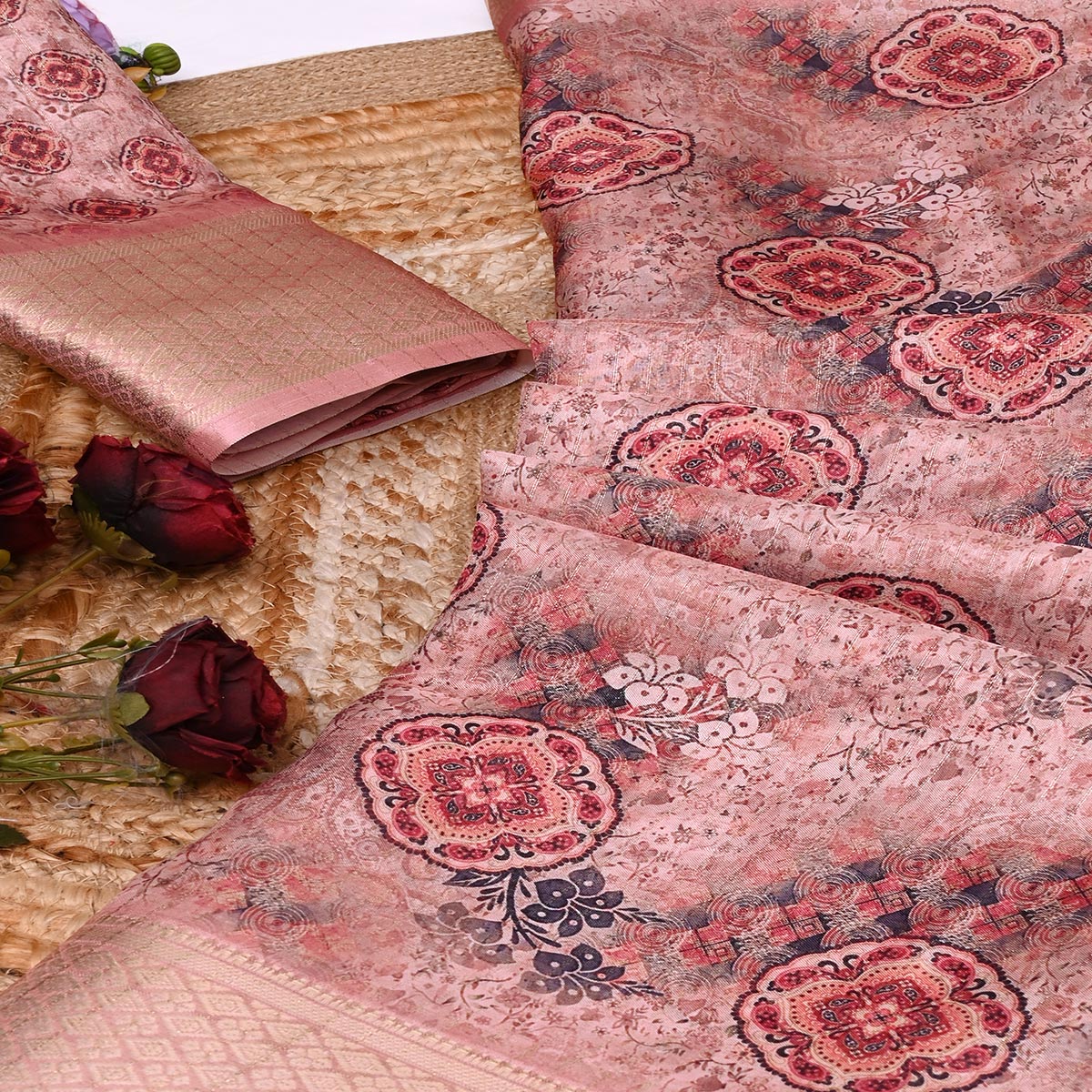 Peach Floral Printed Dola Silk Saree With Elegant Silver Zari & Intricate Weaving Border