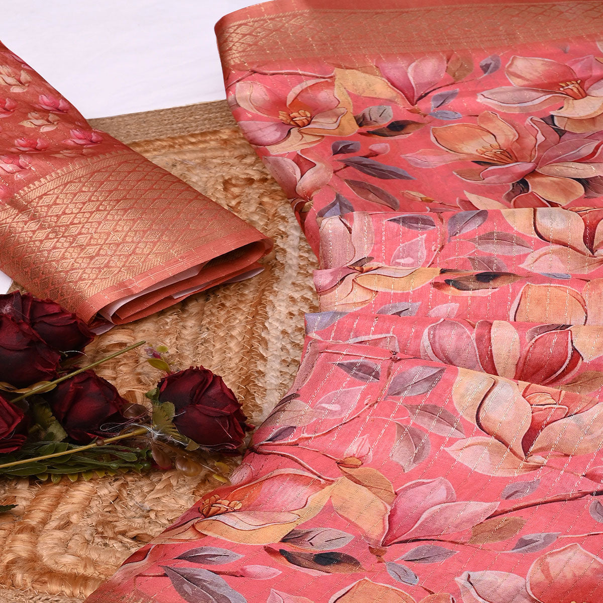 Salmon Pink Floral Printed Dola Silk Saree With Elegant Silver Zari & Intricate Weaving Border