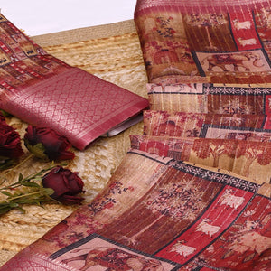Multicolor Printed Dola Silk Saree With Elegant Silver Zari & Intricate Weaving Border