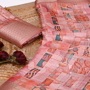 Light Peach Geometric Printed Dola Silk Saree With Elegant Silver Zari & Intricate Weaving Border