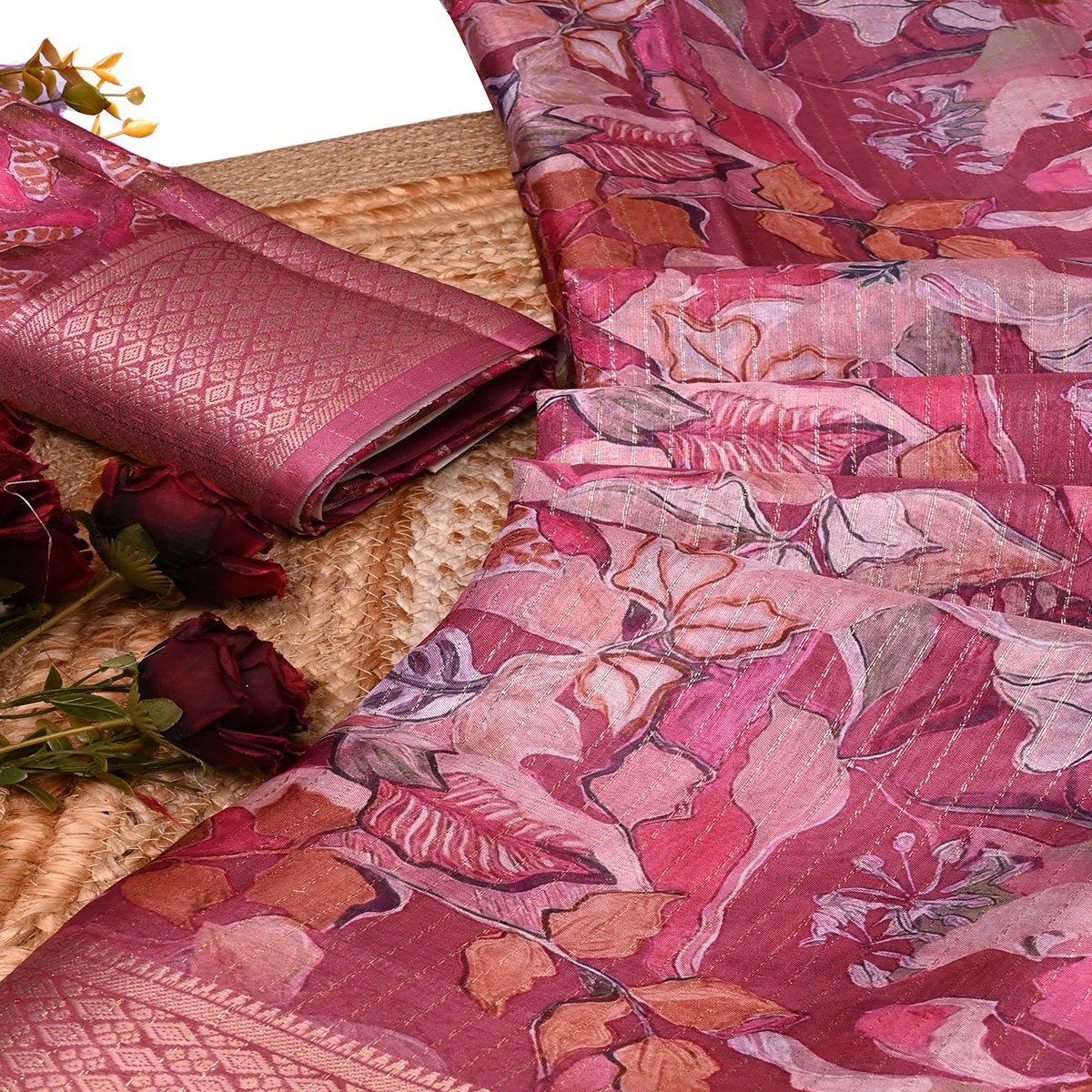 Onion Pink Floral Printed Dola Silk Saree With Elegant Silver Zari & Intricate Weaving Border