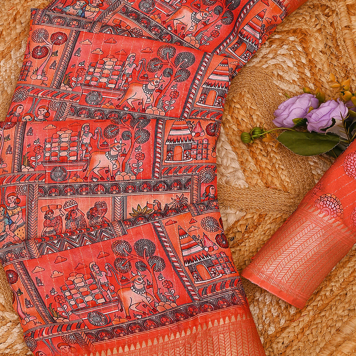 Orange Floral Printed Dola Silk Saree With Elegant Silver Zari & Intricate Weaving Border