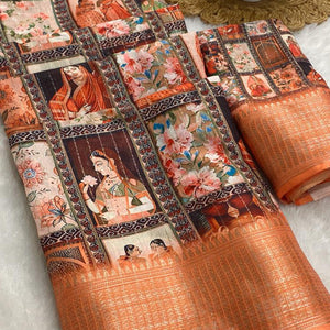 Light Peach Floral Printed Dola Silk Saree With Elegant Silver Zari & Intricate Weaving Border