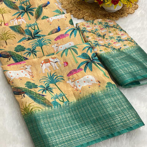 Mustard Beige Floral Printed Dola Silk Saree With Elegant Silver Zari & Intricate Weaving Border